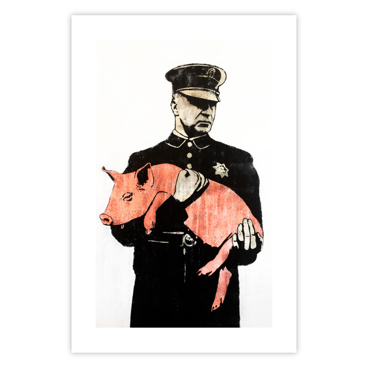 Wall Poster Police Pig - policeman holding a sleeping pink piglet 132444 additionalImage 25