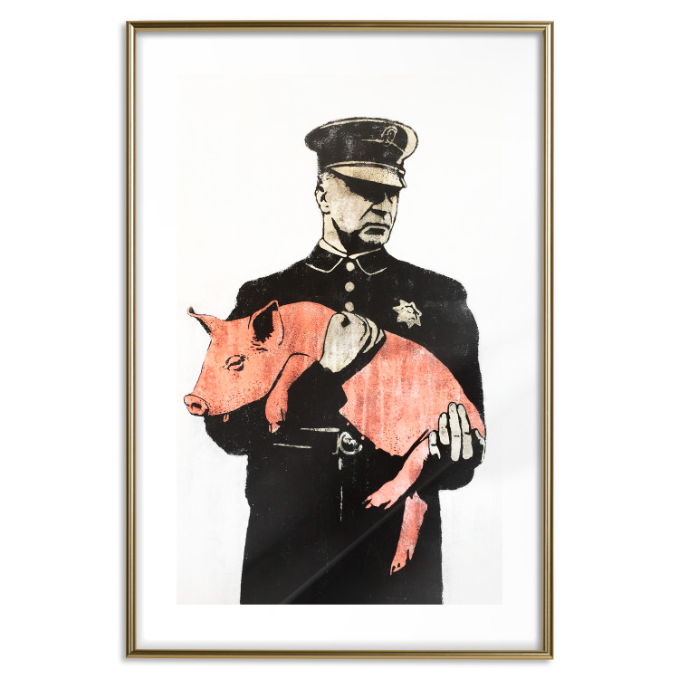 Wall Poster Police Pig - policeman holding a sleeping pink piglet 132444 additionalImage 14
