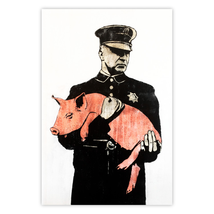 Wall Poster Police Pig - policeman holding a sleeping pink piglet 132444