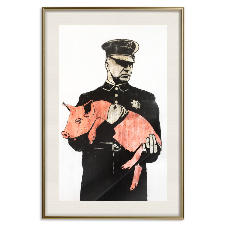 Wall Poster Police Pig - policeman holding a sleeping pink piglet 132444 additionalImage 19