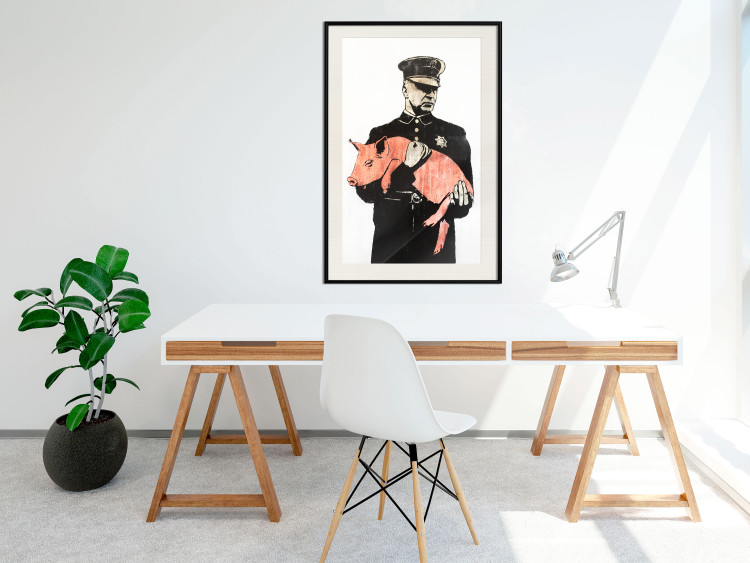 Wall Poster Police Pig - policeman holding a sleeping pink piglet 132444 additionalImage 22