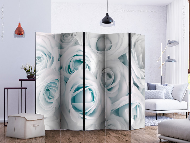 Folding Screen Satin Rose (Turquoise) II - white flowers with light blue detailing 133844 additionalImage 2