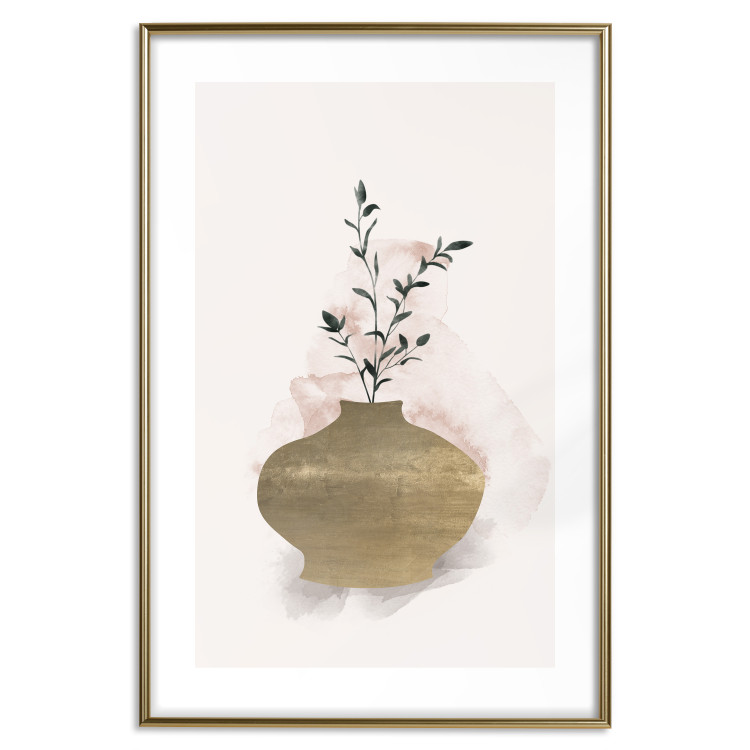 Wall Poster Golden Vase - a simple composition with green foliage in a vase on a beige background 136544 additionalImage 24