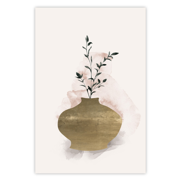 Wall Poster Golden Vase - a simple composition with green foliage in a vase on a beige background 136544