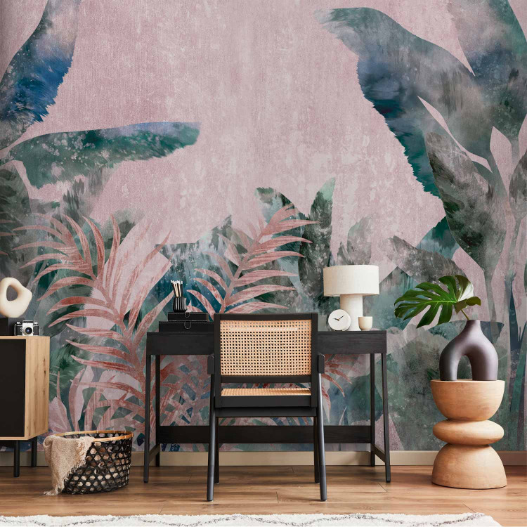 Wall Mural Leafy jungle - painted plant motif in bloom on pink background 138244 additionalImage 4