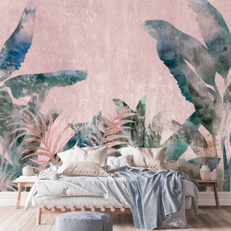 Wall Mural Leafy jungle - painted plant motif in bloom on pink background 138244 additionalImage 2