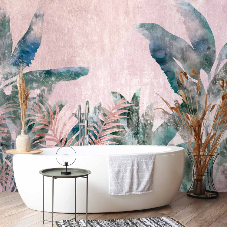 Wall Mural Leafy jungle - painted plant motif in bloom on pink background 138244 additionalImage 8