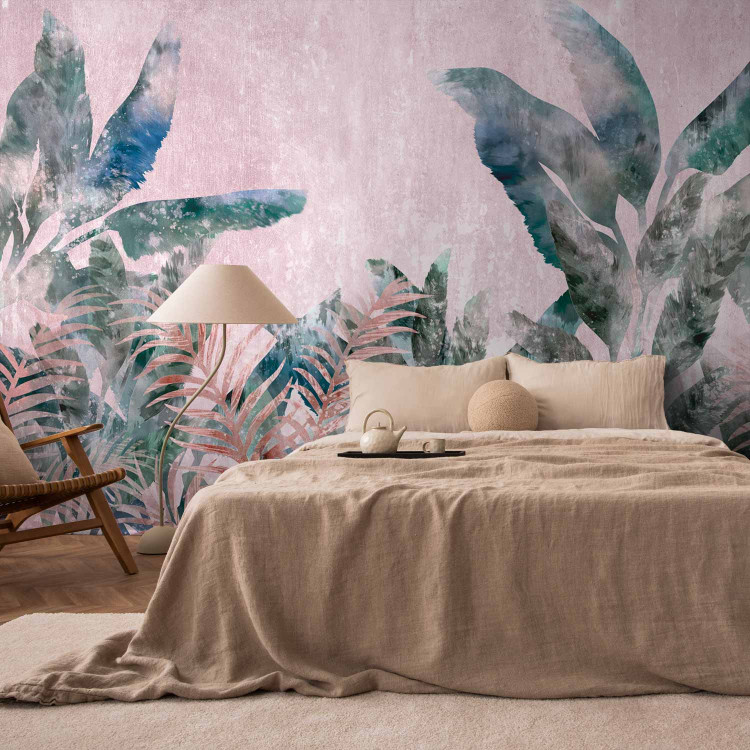 Wall Mural Leafy jungle - painted plant motif in bloom on pink background 138244