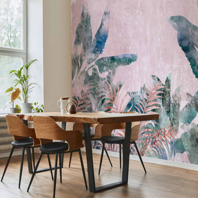 Wall Mural Leafy jungle - painted plant motif in bloom on pink background 138244 additionalImage 7