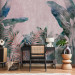 Wall Mural Leafy jungle - painted plant motif in bloom on pink background 138244 additionalThumb 4