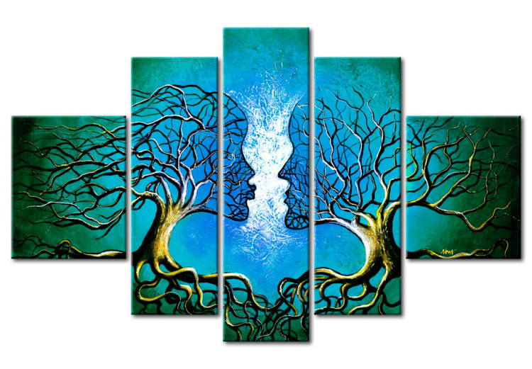 Canvas Art Print Magical Kiss (5-piece) - Love Blossoming Amidst Trees 105754