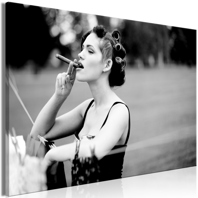 Canvas Art Print Mischievous Charm (1-part) - Woman with Cigar on Black and White 114554 additionalImage 2