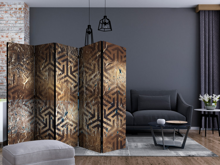 Folding Screen Labyrinth of the Minotaur II (5-piece) - geometric figures in brown 124054 additionalImage 4