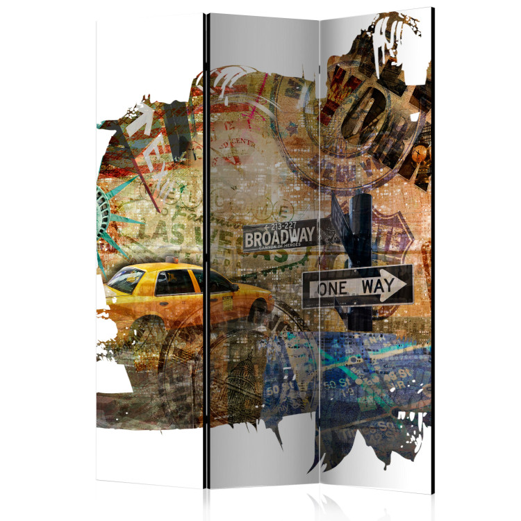 Folding Screen New York Collage (3-piece) - collage of cars and road signs 124254
