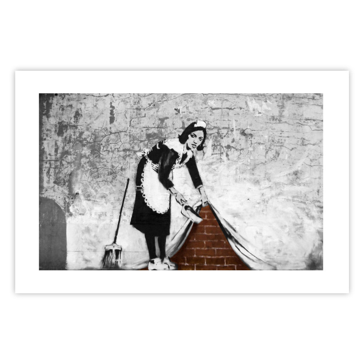 Wall Poster Maid - gray mural of a woman lifting a curtain off a brick wall 132454 additionalImage 22