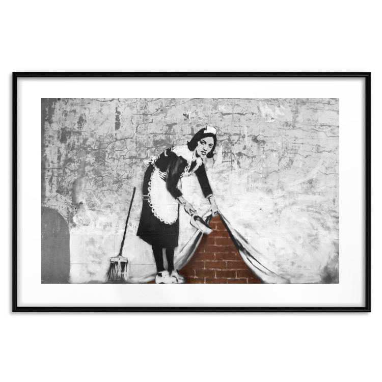 Wall Poster Maid - gray mural of a woman lifting a curtain off a brick wall 132454 additionalImage 27