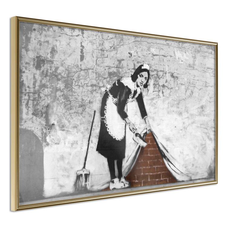 Wall Poster Maid - gray mural of a woman lifting a curtain off a brick wall 132454 additionalImage 14
