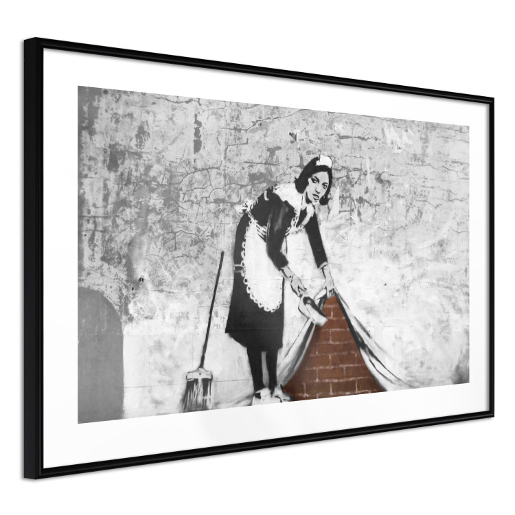 Wall Poster Maid - gray mural of a woman lifting a curtain off a brick wall 132454 additionalImage 11