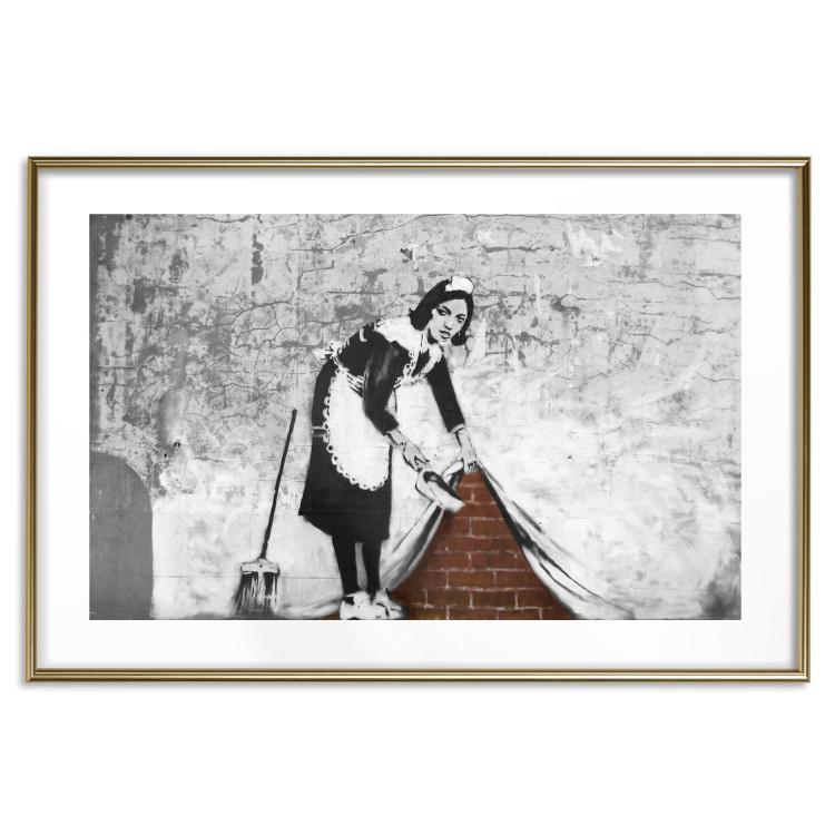 Wall Poster Maid - gray mural of a woman lifting a curtain off a brick wall 132454 additionalImage 15