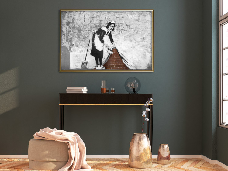 Wall Poster Maid - gray mural of a woman lifting a curtain off a brick wall 132454 additionalImage 5