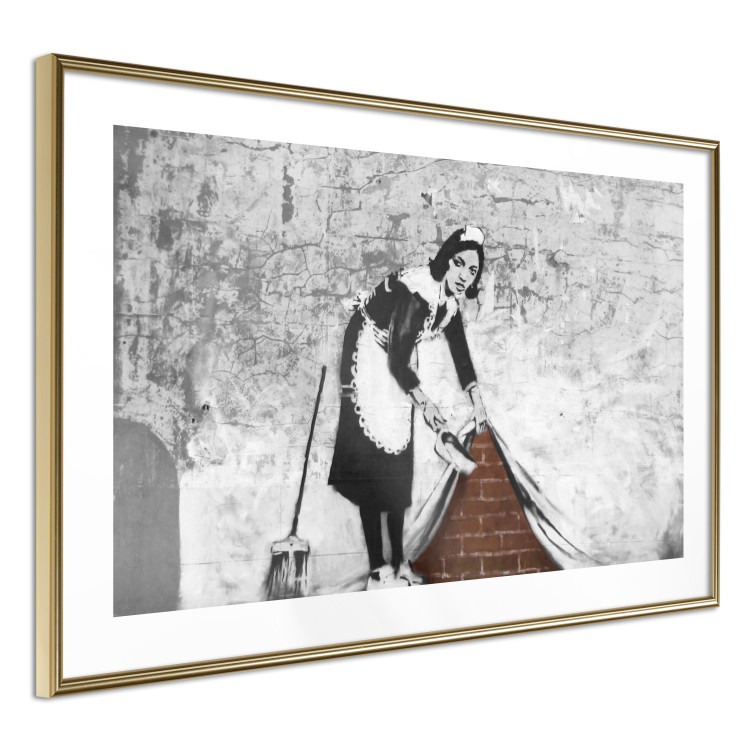 Wall Poster Maid - gray mural of a woman lifting a curtain off a brick wall 132454 additionalImage 6