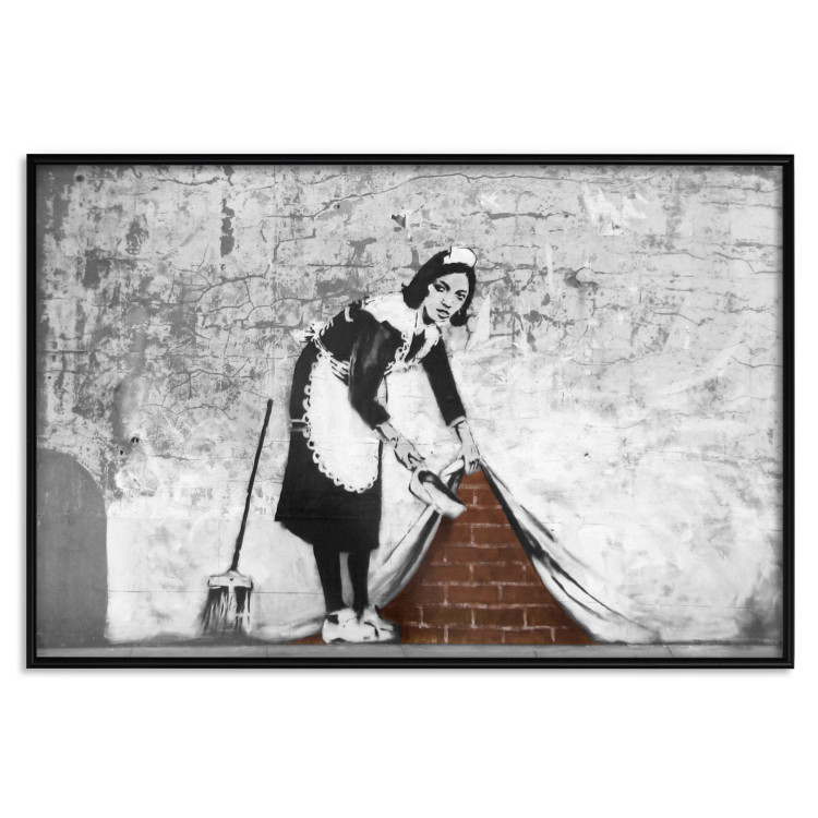 Wall Poster Maid - gray mural of a woman lifting a curtain off a brick wall 132454 additionalImage 18