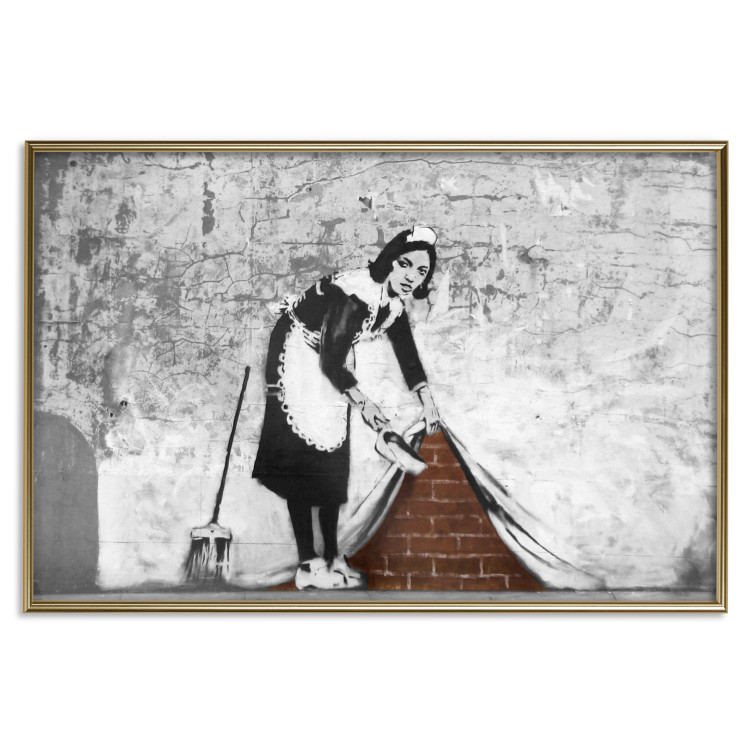 Wall Poster Maid - gray mural of a woman lifting a curtain off a brick wall 132454 additionalImage 26