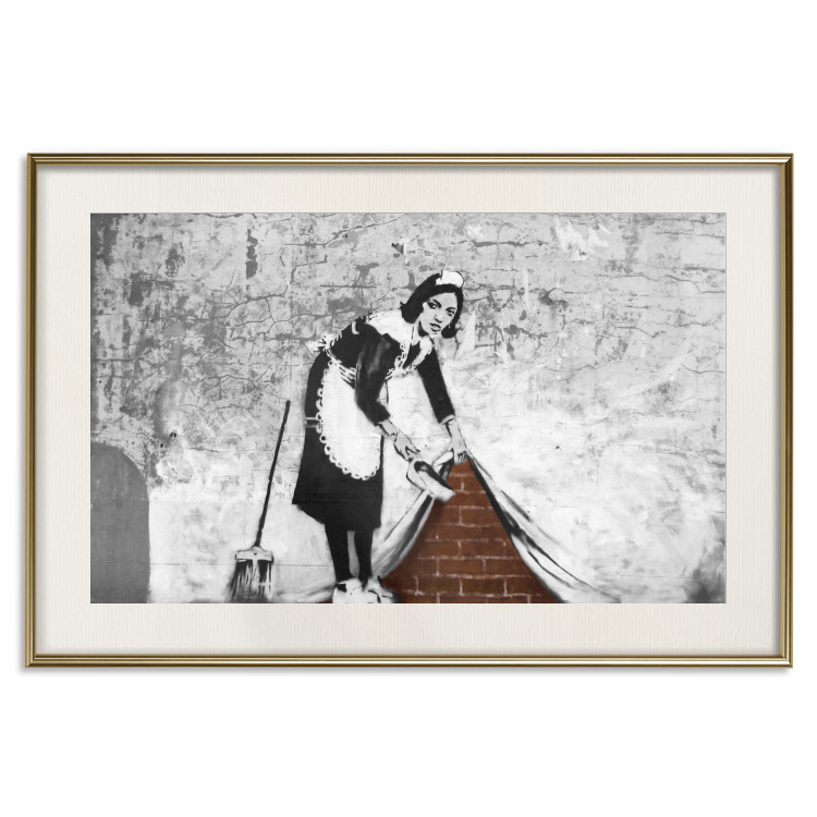 Wall Poster Maid - gray mural of a woman lifting a curtain off a brick wall 132454 additionalImage 21