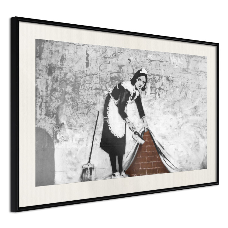 Wall Poster Maid - gray mural of a woman lifting a curtain off a brick wall 132454 additionalImage 3
