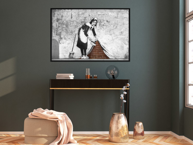 Wall Poster Maid - gray mural of a woman lifting a curtain off a brick wall 132454 additionalImage 5