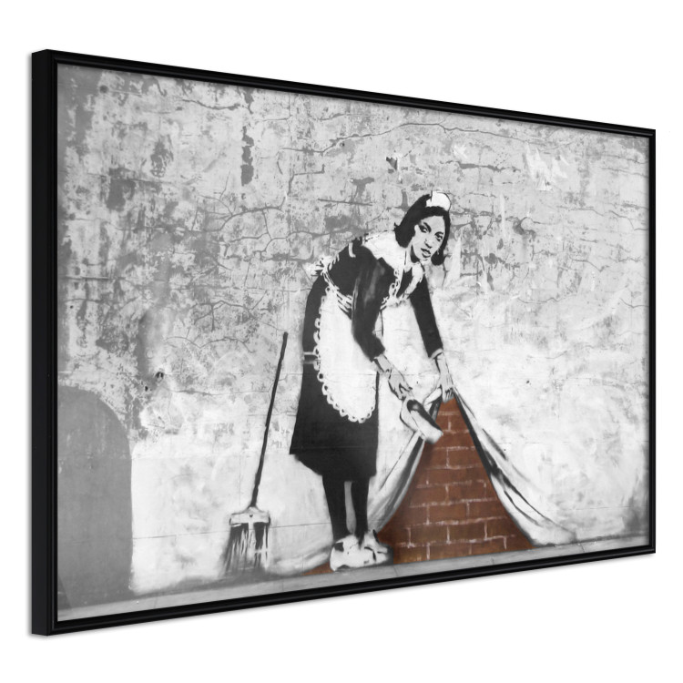 Wall Poster Maid - gray mural of a woman lifting a curtain off a brick wall 132454 additionalImage 10
