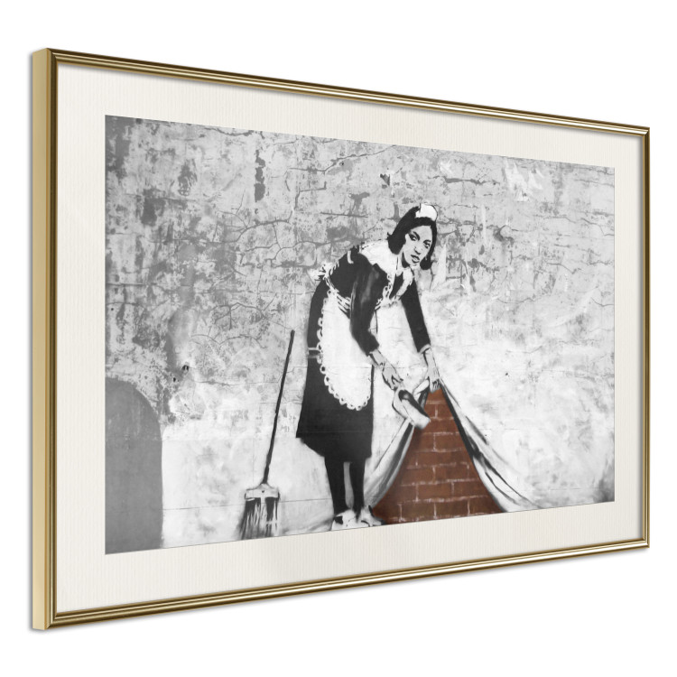 Wall Poster Maid - gray mural of a woman lifting a curtain off a brick wall 132454 additionalImage 2