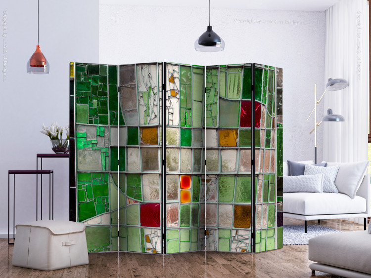 Folding Screen Emerald Stained Glass II (5-piece) - pattern with colorful mosaic on glass 132854 additionalImage 2
