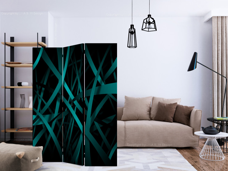 Folding Screen Dark Background (3-piece) - labyrinth of emerald ribbons and black background 133554 additionalImage 4