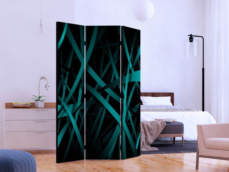 Folding Screen Dark Background (3-piece) - labyrinth of emerald ribbons and black background 133554 additionalImage 2
