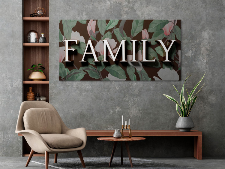 Canvas Print Family inscription with 3D effect - English text on floral background 135554 additionalImage 3