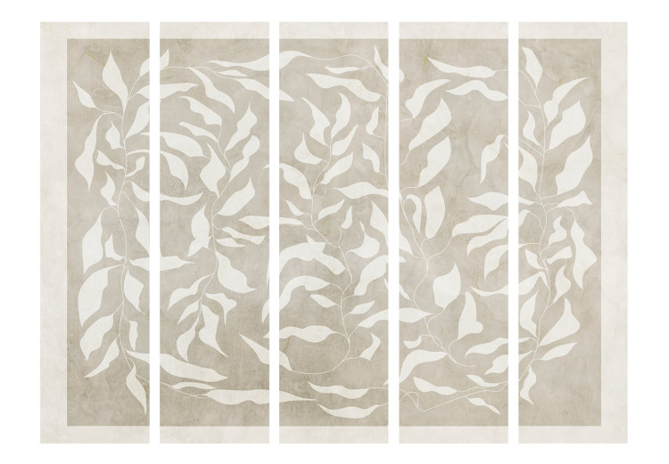 Room Divider Screen Leafy Weave II (5-piece) - Abstraction in white plants on a beige background 136554 additionalImage 3