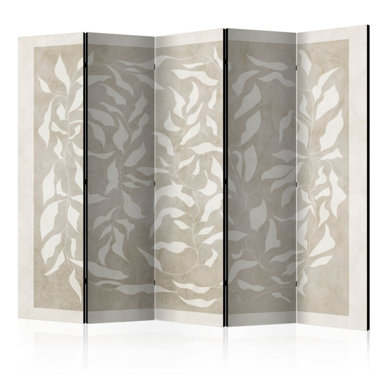 Room Divider Screen Leafy Weave II (5-piece) - Abstraction in white plants on a beige background 136554