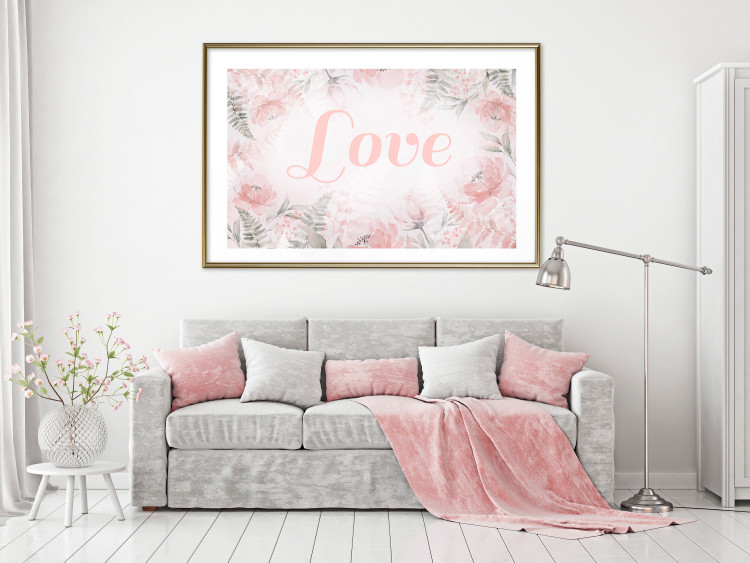 Wall Poster Love - Romantic Inscription on a Rose Background Among Plants and Leaves 144754 additionalImage 16