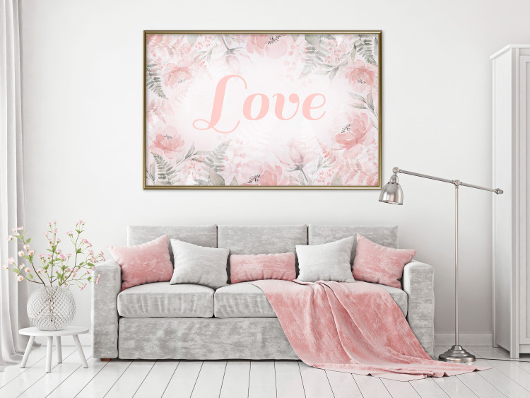 Wall Poster Love - Romantic Inscription on a Rose Background Among Plants and Leaves 144754 additionalImage 11