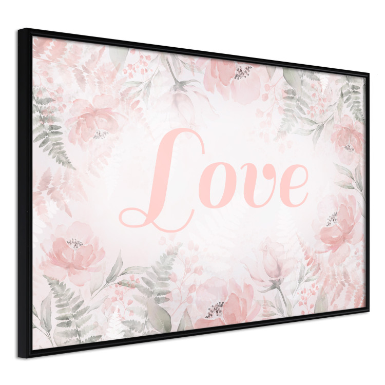 Wall Poster Love - Romantic Inscription on a Rose Background Among Plants and Leaves 144754 additionalImage 3