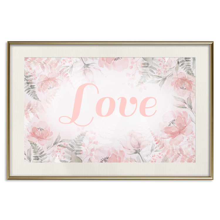 Wall Poster Love - Romantic Inscription on a Rose Background Among Plants and Leaves 144754 additionalImage 25