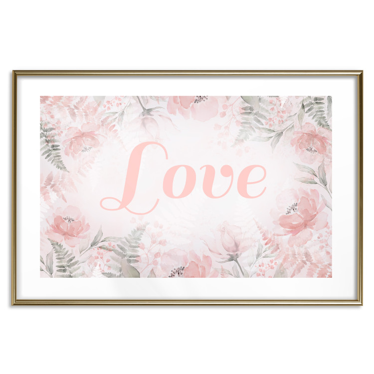 Wall Poster Love - Romantic Inscription on a Rose Background Among Plants and Leaves 144754 additionalImage 26