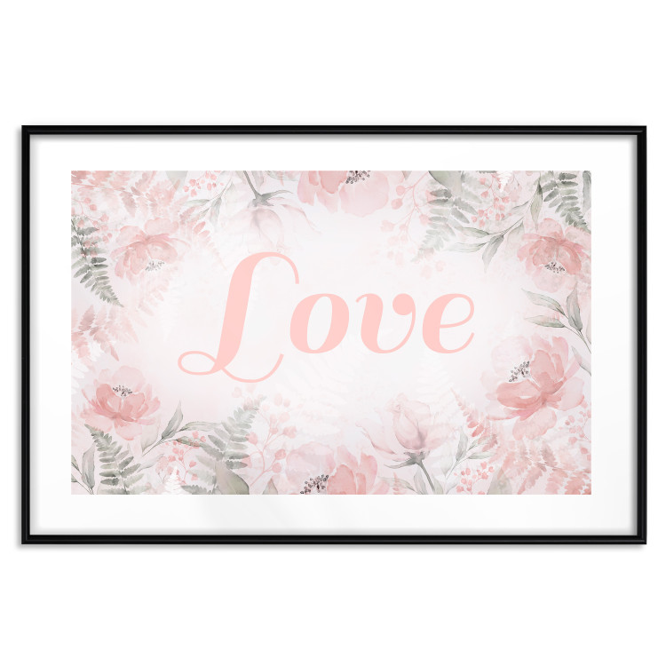 Wall Poster Love - Romantic Inscription on a Rose Background Among Plants and Leaves 144754 additionalImage 27