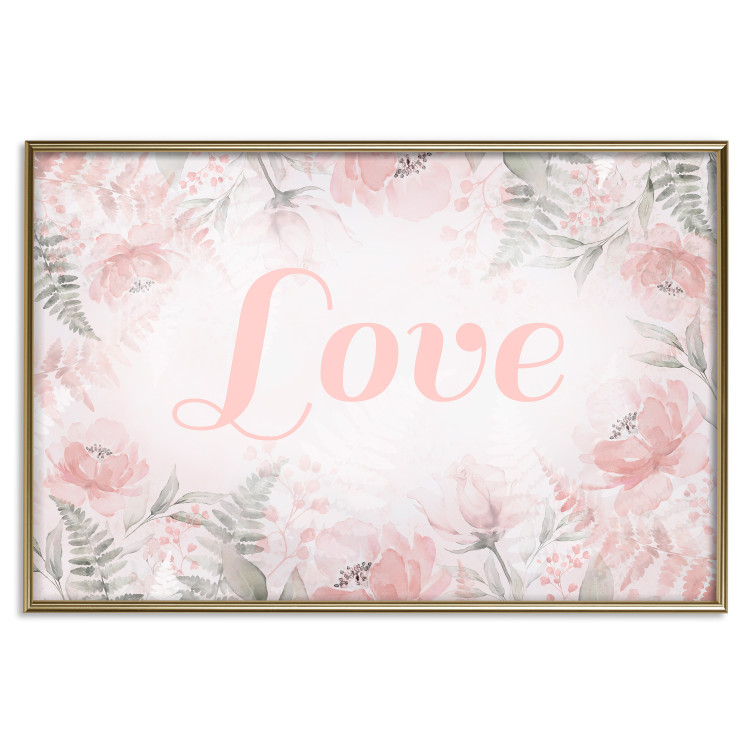 Wall Poster Love - Romantic Inscription on a Rose Background Among Plants and Leaves 144754 additionalImage 23