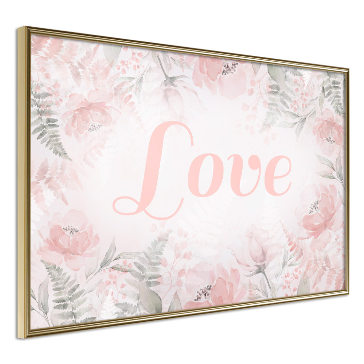 Wall Poster Love - Romantic Inscription on a Rose Background Among Plants and Leaves 144754 additionalImage 4