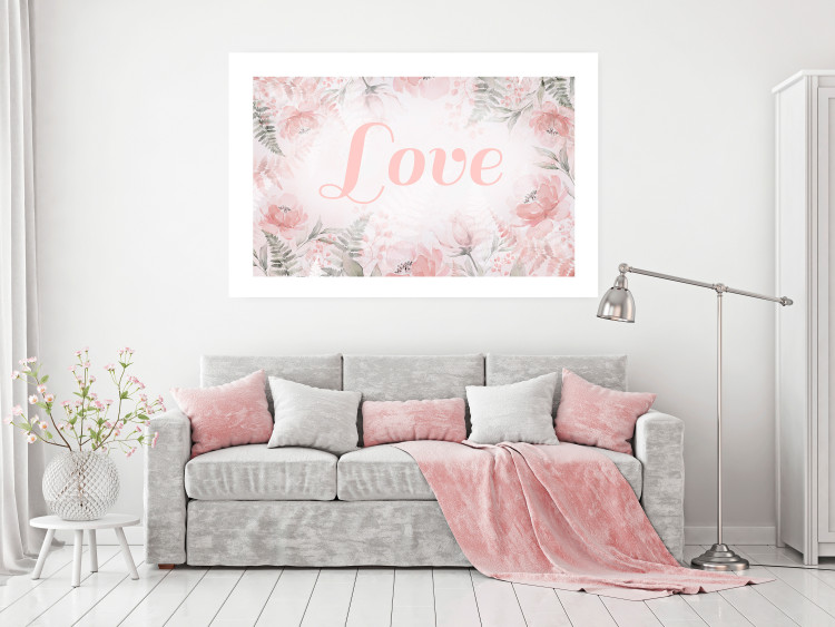 Wall Poster Love - Romantic Inscription on a Rose Background Among Plants and Leaves 144754 additionalImage 10