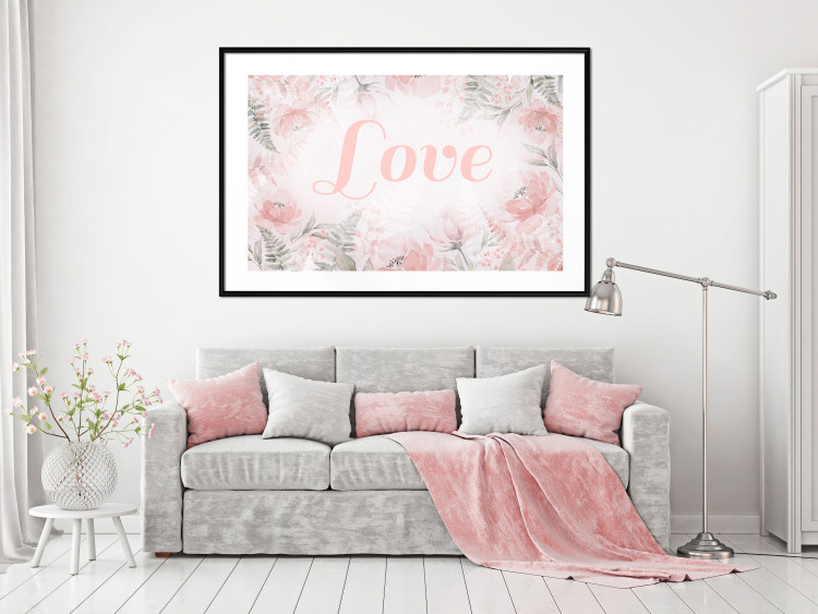 Wall Poster Love - Romantic Inscription on a Rose Background Among Plants and Leaves 144754 additionalImage 12