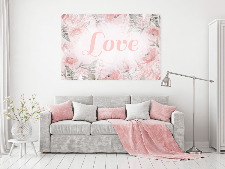 Wall Poster Love - Romantic Inscription on a Rose Background Among Plants and Leaves 144754 additionalImage 14