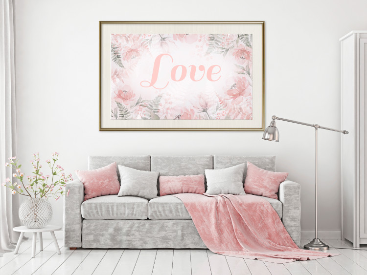 Wall Poster Love - Romantic Inscription on a Rose Background Among Plants and Leaves 144754 additionalImage 17